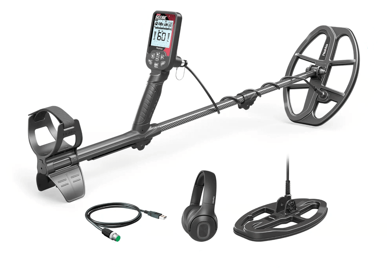 Metal detector with accessories on a white background