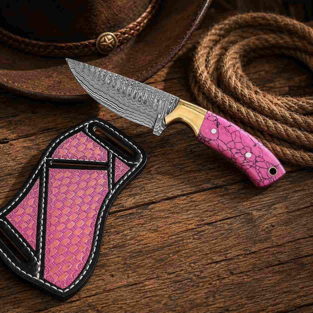 Turquoise Buckaroo Damascus Knife with Brass Bolster