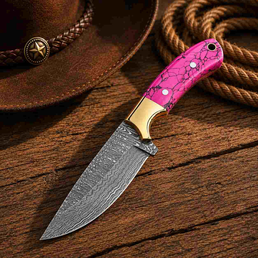 Turquoise Buckaroo Damascus Knife with Brass Bolster