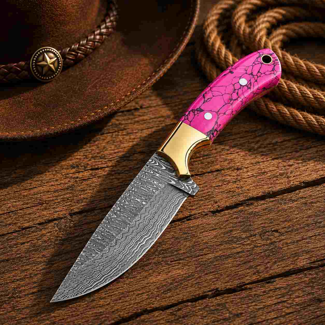 Turquoise Buckaroo Damascus Knife with Brass Bolster