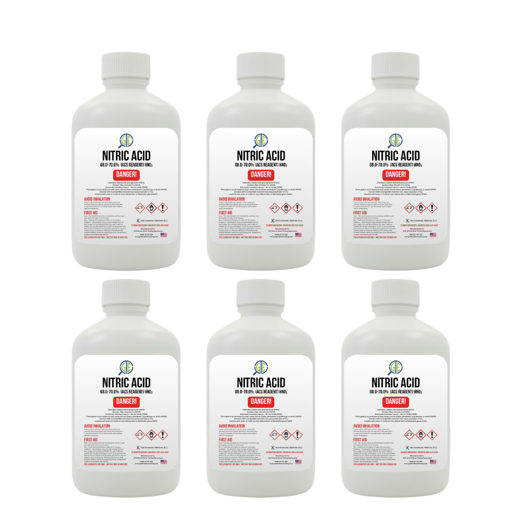 Nitric Acid 70% – 6 Pack (32 oz Bottles) ACS Reagent Grade for Gold Refining & Precious Metal Recovery