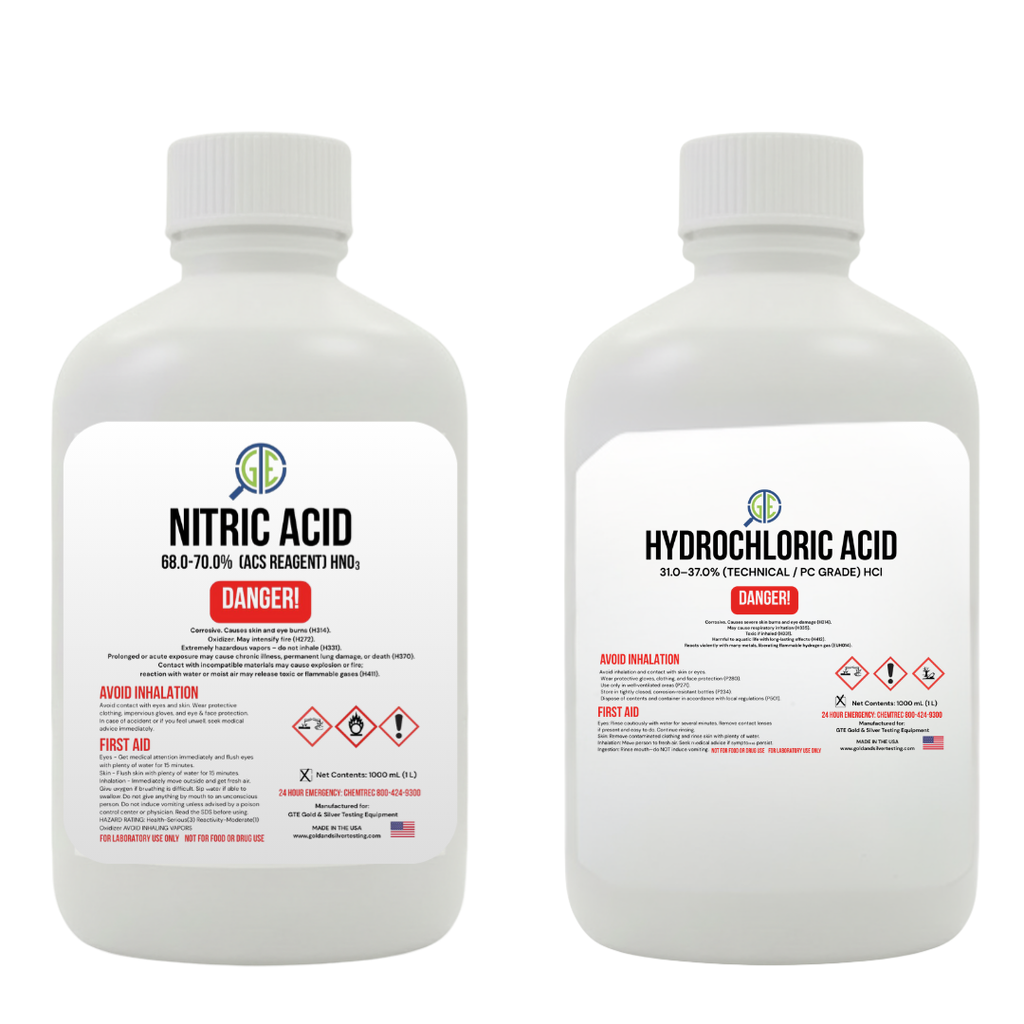 Aqua Regia Gold Refining Kit – 69.8–70% Nitric Acid & 31–37% Hydrochloric Acid (32oz/32oz) GTE