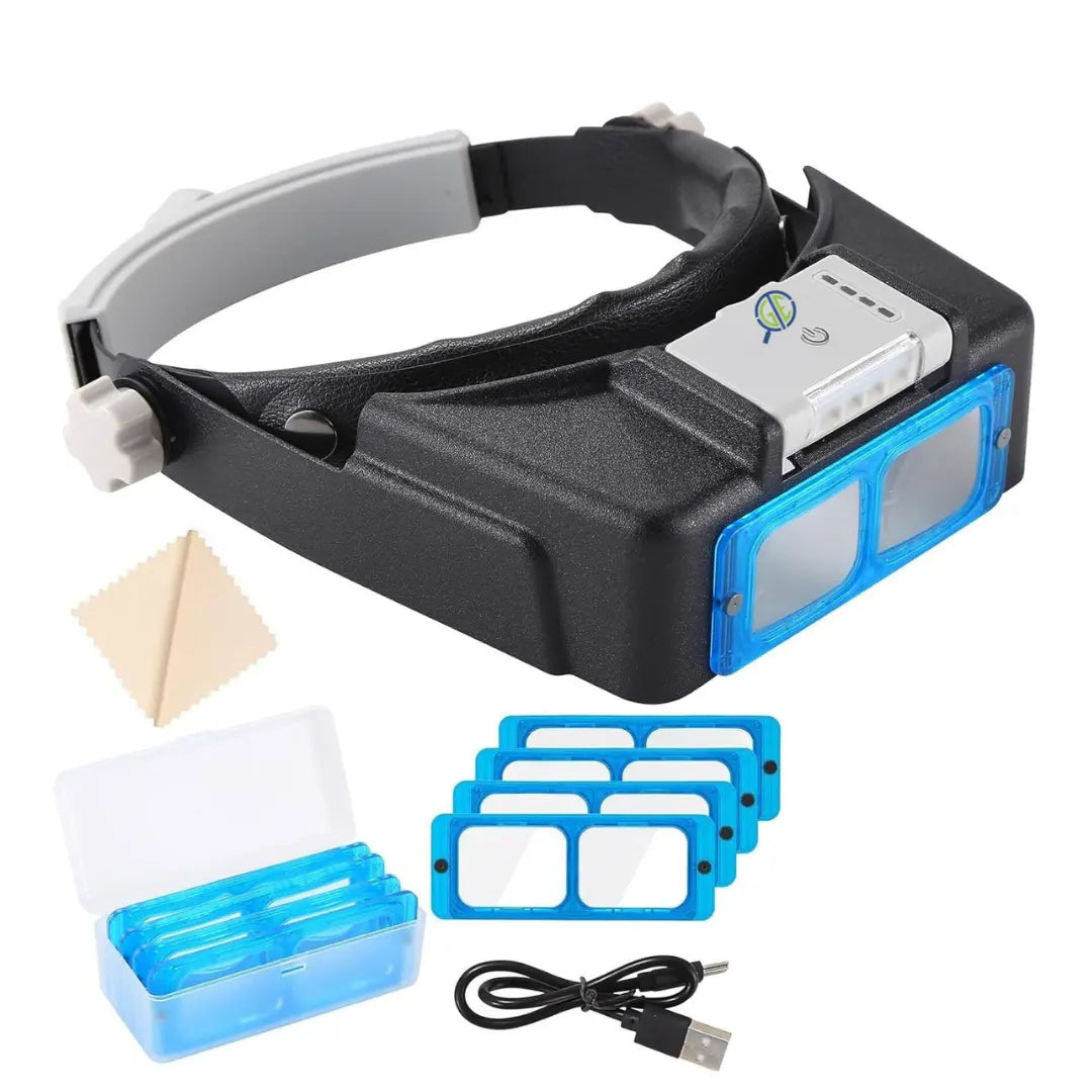 GTE Rechargeable Headband Magnifier with LED Light – 4 Interchangeable Lenses (1.5X–3.5X) Hands-Free Visor for Jewelers, Crafts & Hobbies