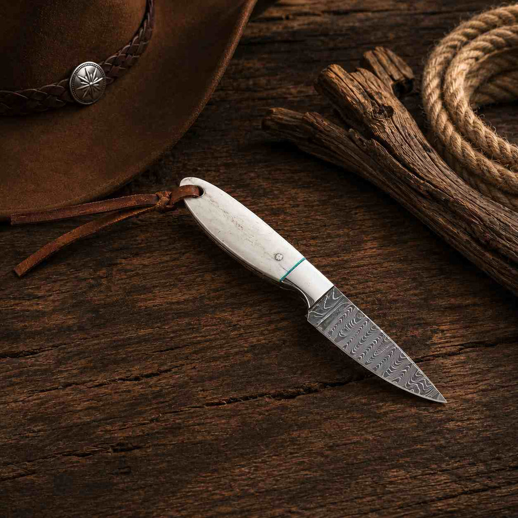 Buckaroo Damascus Steel Knife – Western Fixed Blade with Camel Bone Handle
