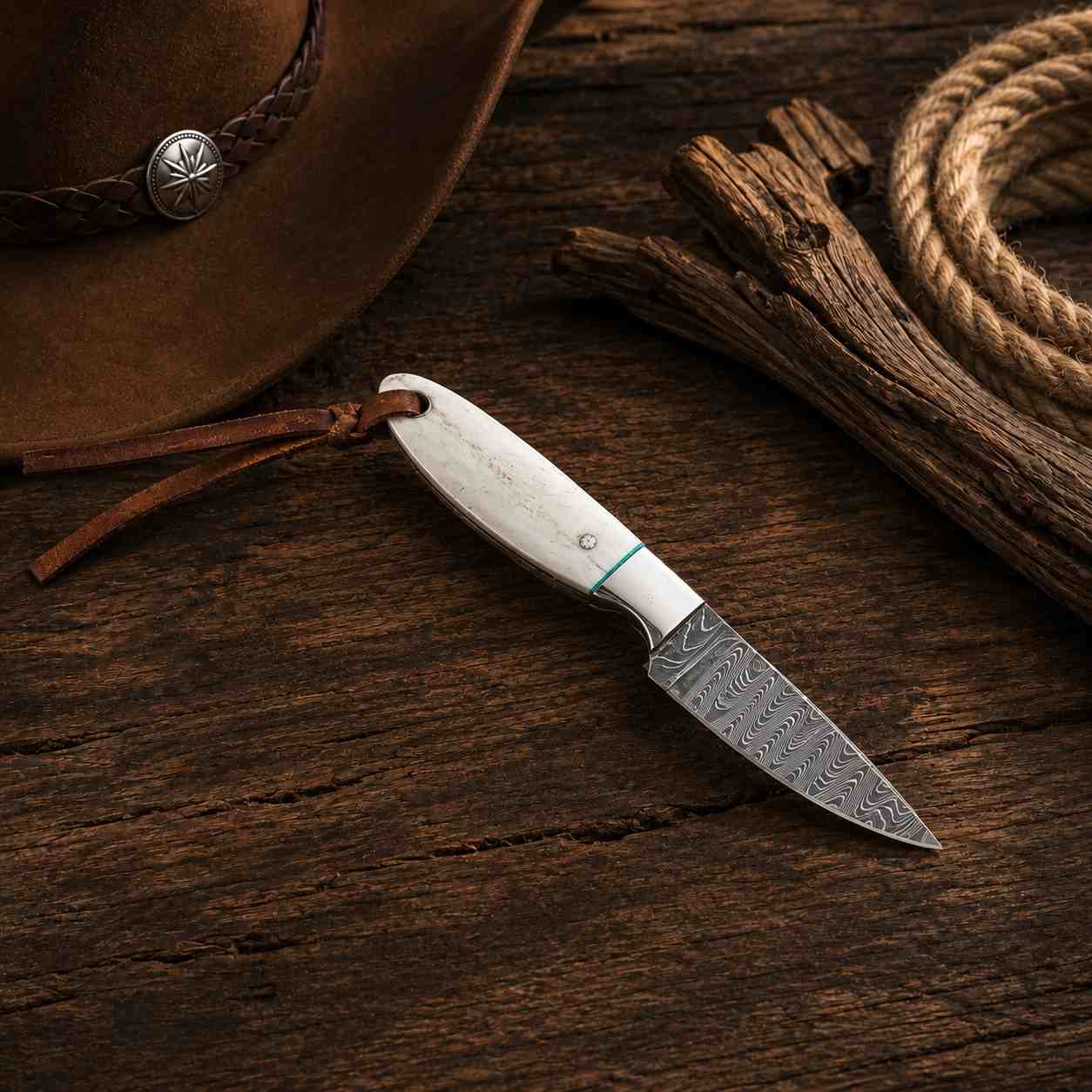 Buckaroo Damascus Steel Knife – Western Fixed Blade with Camel Bone Handle