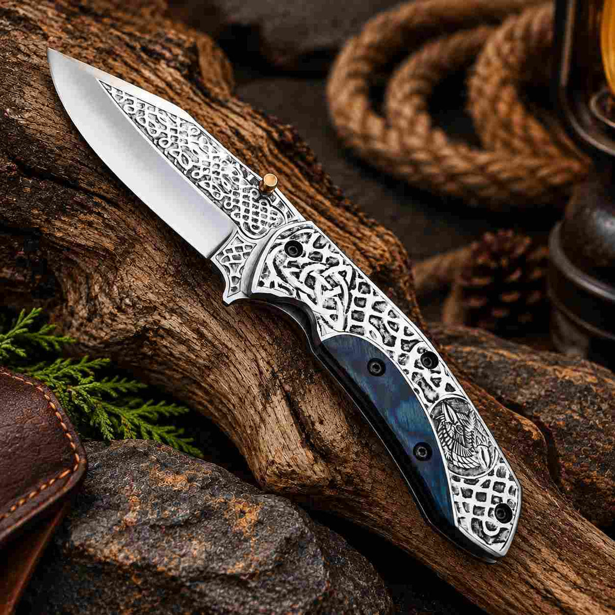 Acid Etched Viking Folding Knife With D2 Steel Blade and Leather Sheath