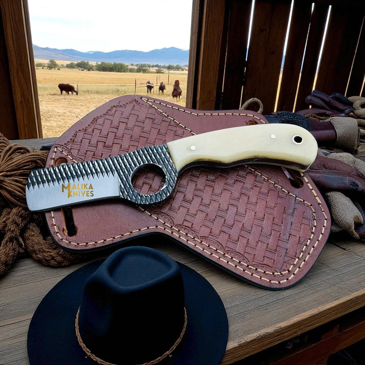 D2 Rasp Steel Bull Cutter Knife Camel Bone Handle
