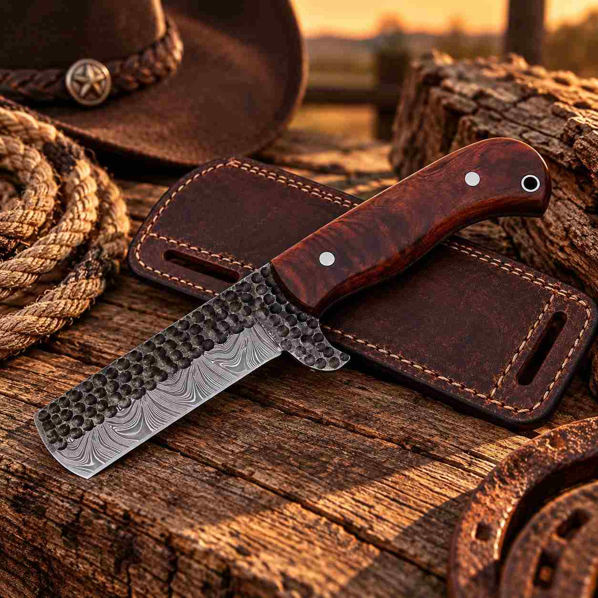 Custom Handmade Damascus Steel Bull Cutter Knife with Leather Sheath