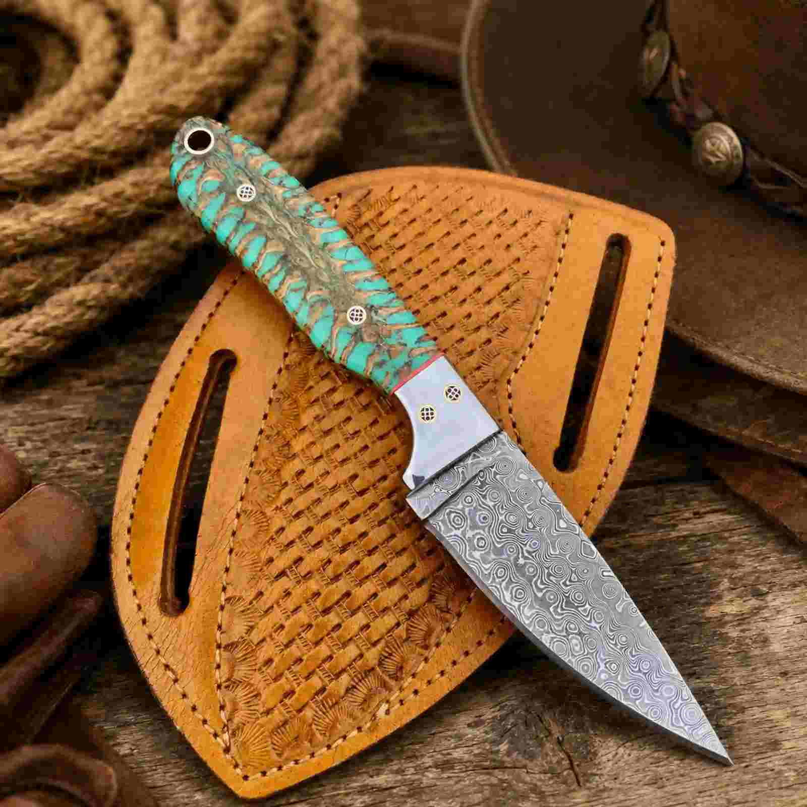 Damascus Buckaroo Knife with Pine Cone Handle & SS Masonic Bolster