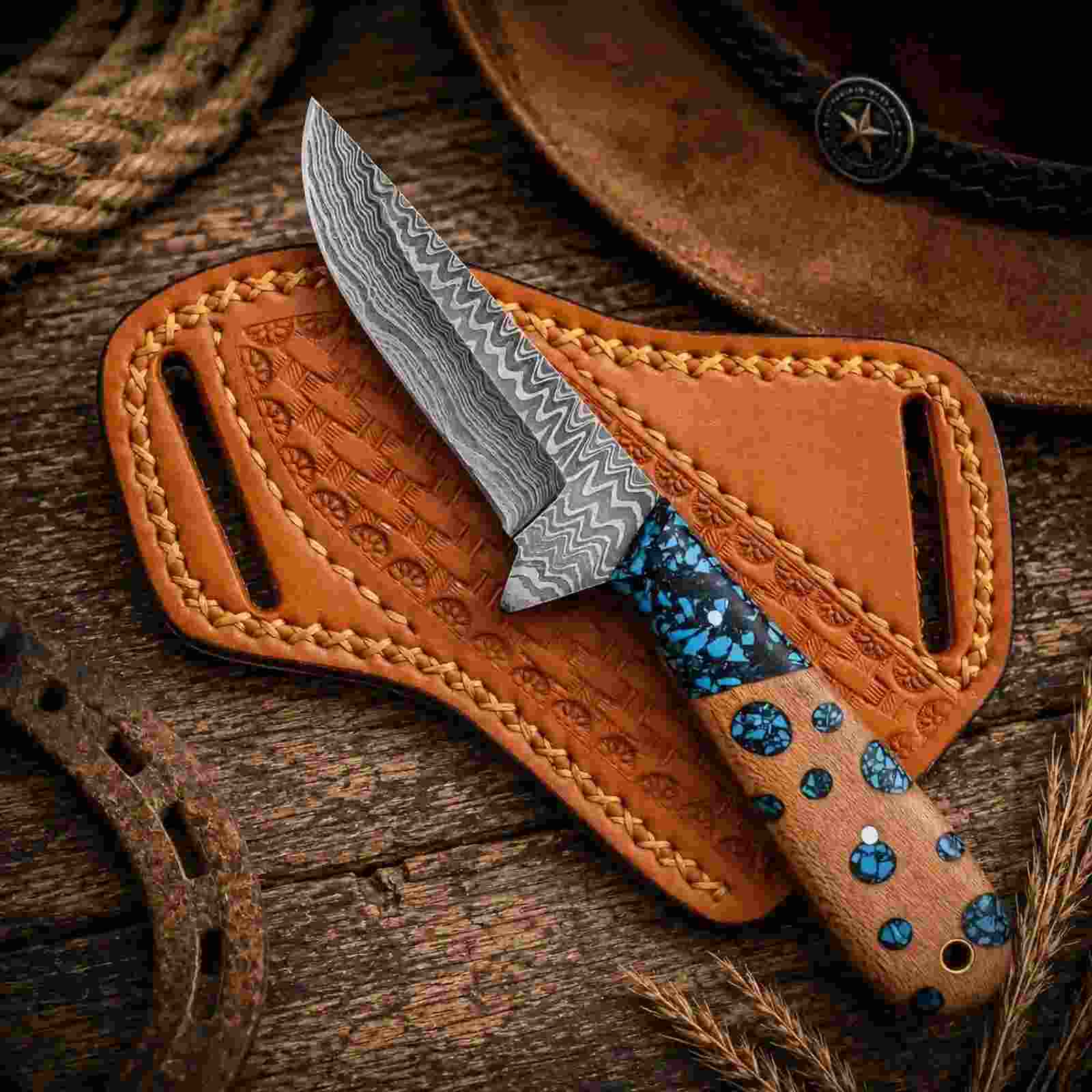 Cholla Cactus Buckaroo Knife – Damascus Steel Blade with Natural Cactus Handle & Leather Sheath