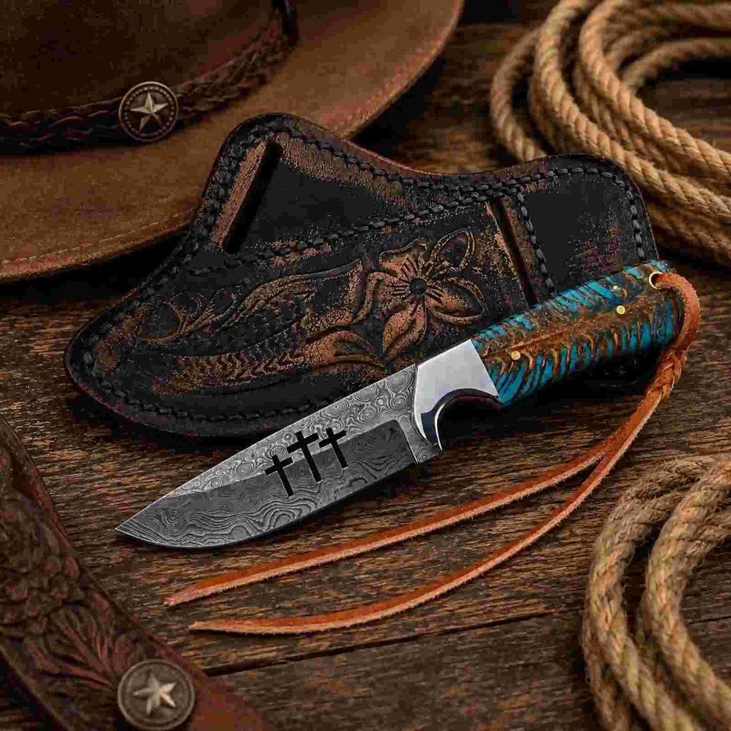 Praying Cowboy Knife – Damascus Steel Blade with Pine Cone Handle & Leather Sheath