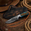 Praying Cowboy Knife – Damascus Steel Blade with Pine Cone Handle & Leather Sheath