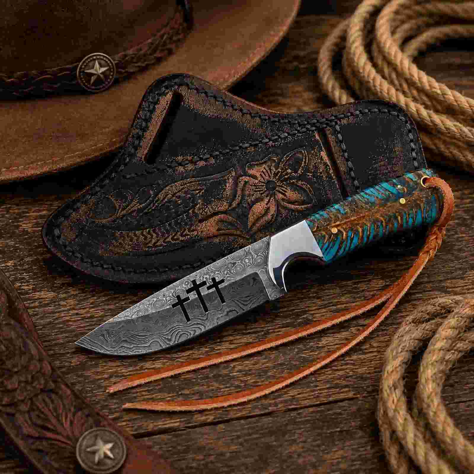 Praying Cowboy Knife – Damascus Steel Blade with Pine Cone Handle & Leather Sheath