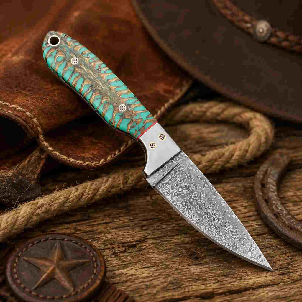 Damascus Buckaroo Knife with Pine Cone Handle & SS Masonic Bolster