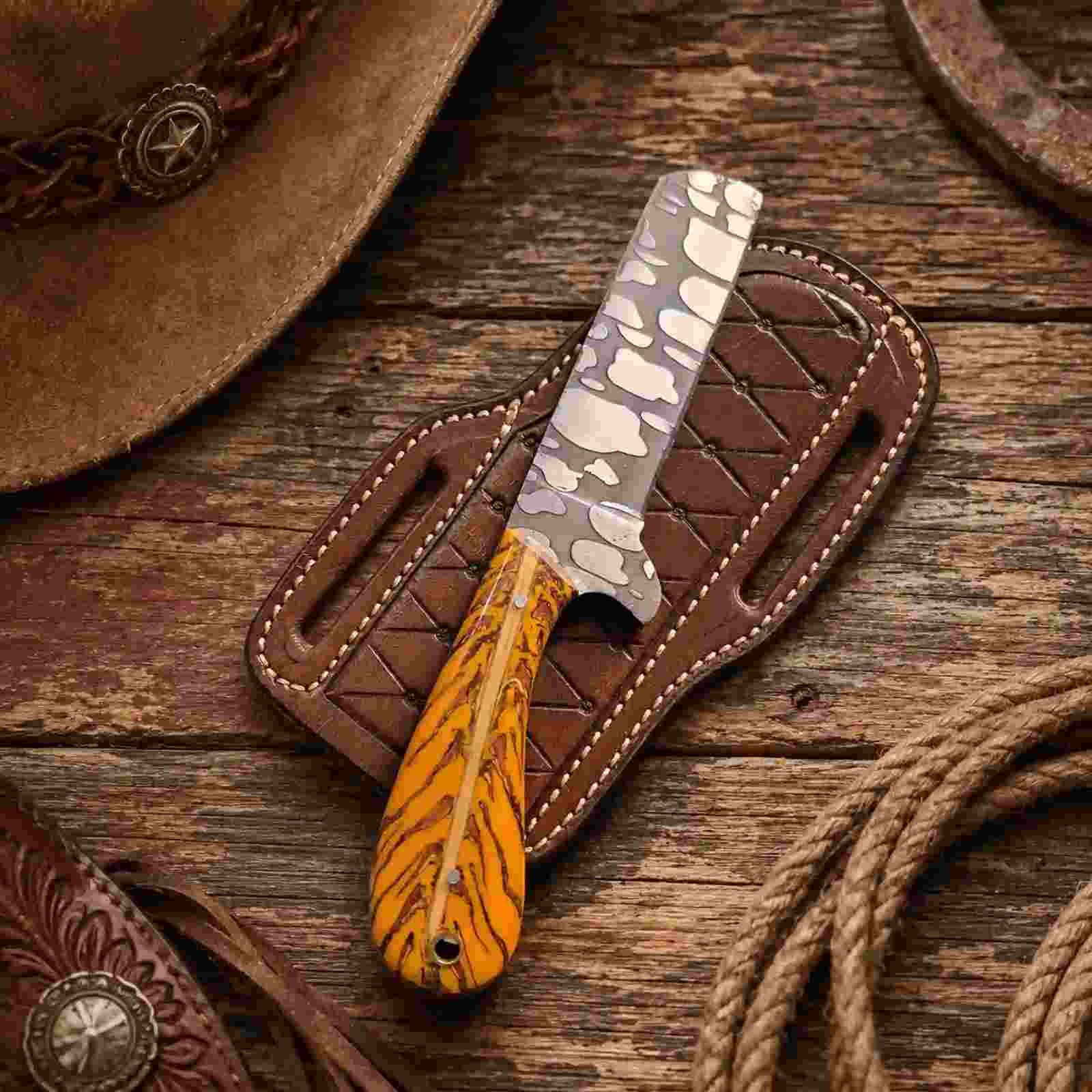 Bullcutter Knife – Acid Wash D2 Steel Blade with Pine Cone Handle & Leather Sheath