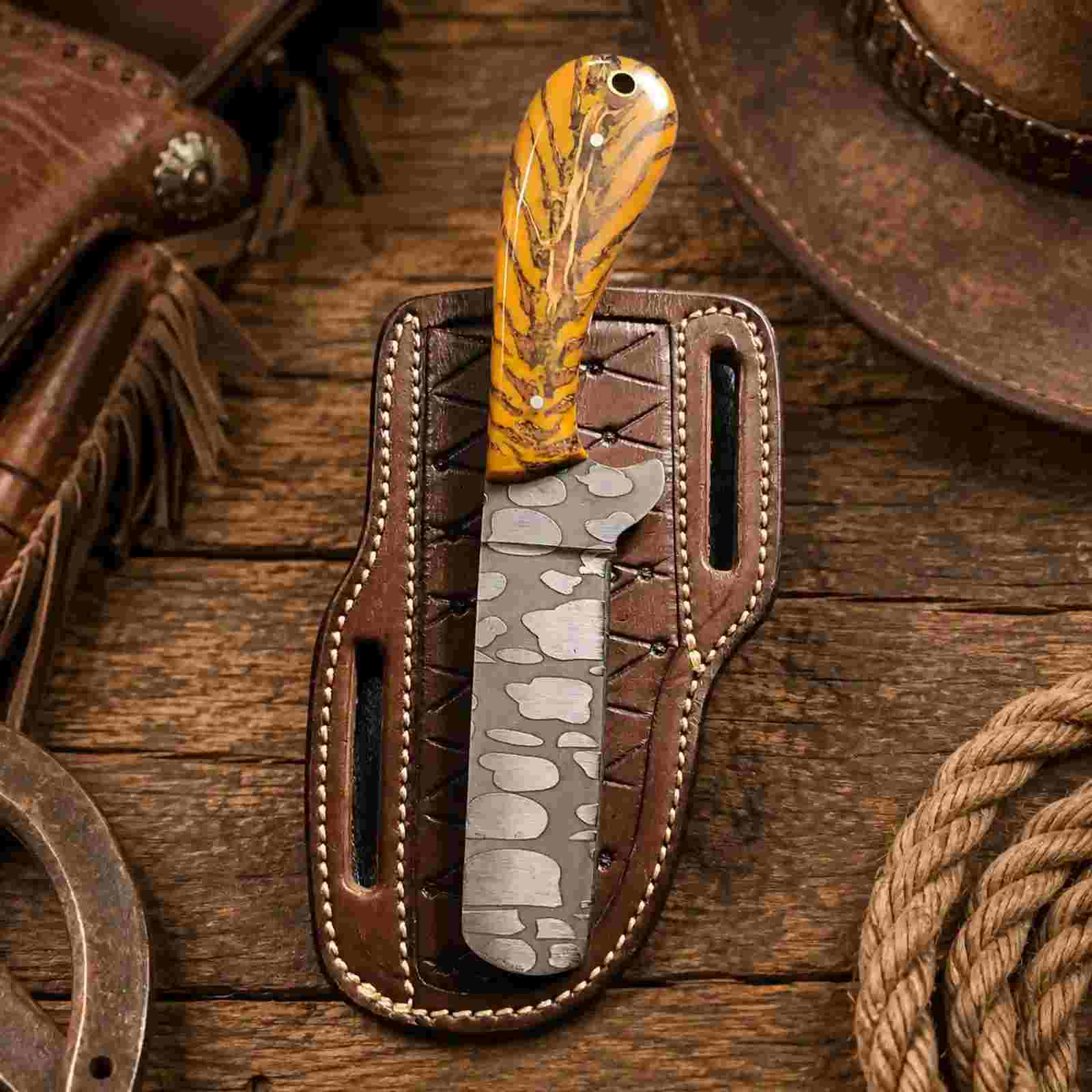 Bullcutter Knife – Acid Wash D2 Steel Blade with Pine Cone Handle & Leather Sheath
