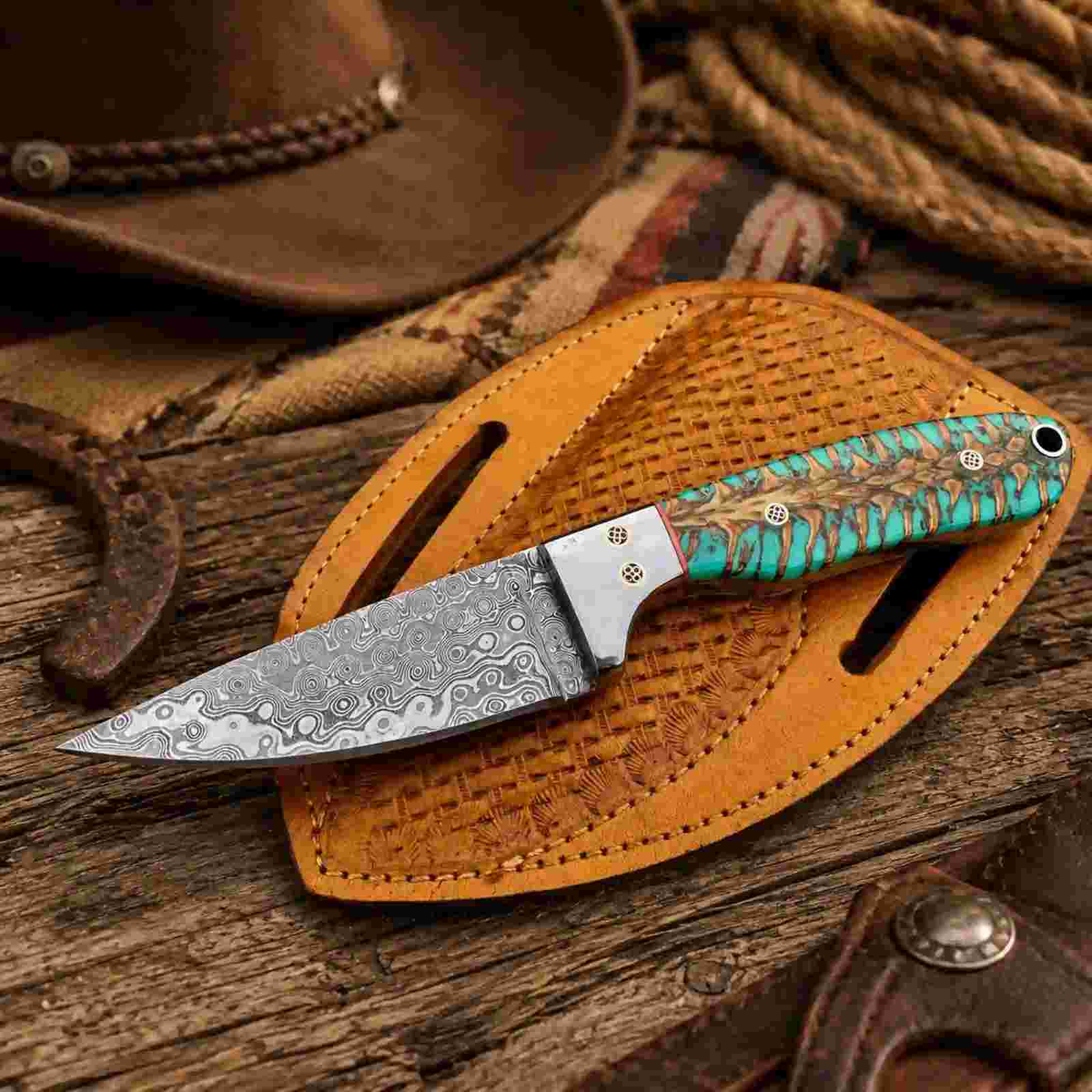 Damascus Buckaroo Knife with Pine Cone Handle & SS Masonic Bolster
