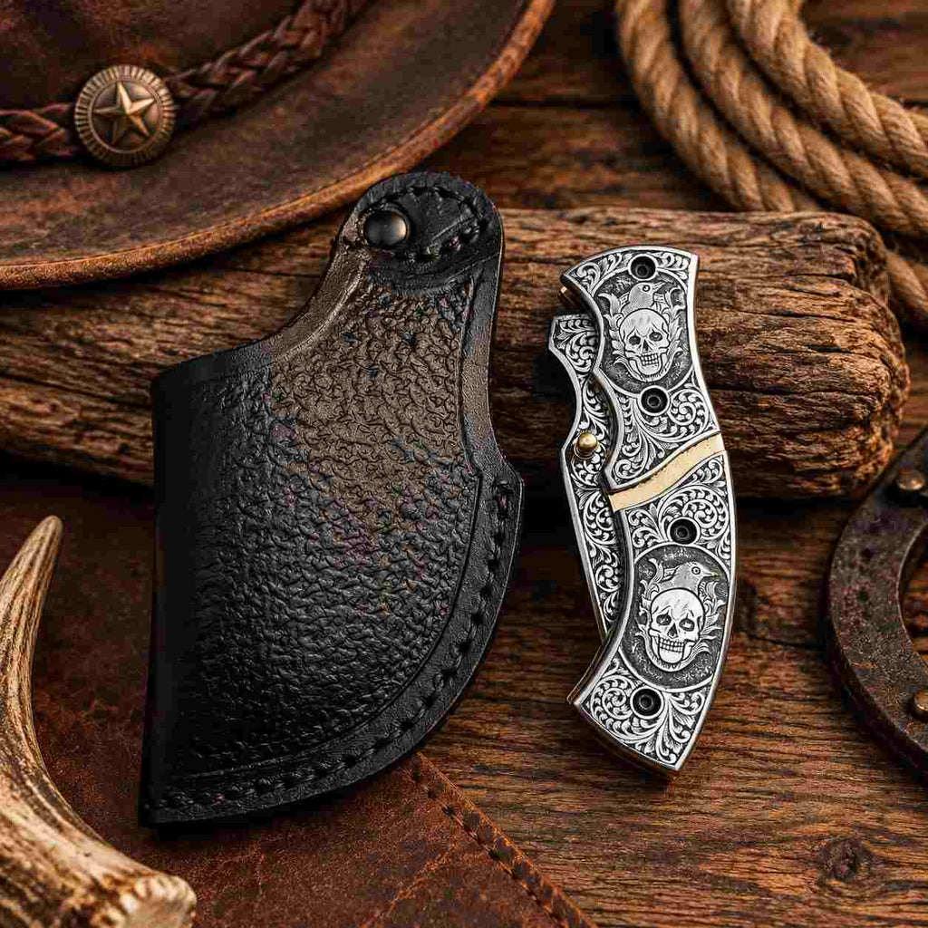 Hand Engraved D2 Steel Folding Knife With Leather Sheath | Liner Lock Pocket Knife