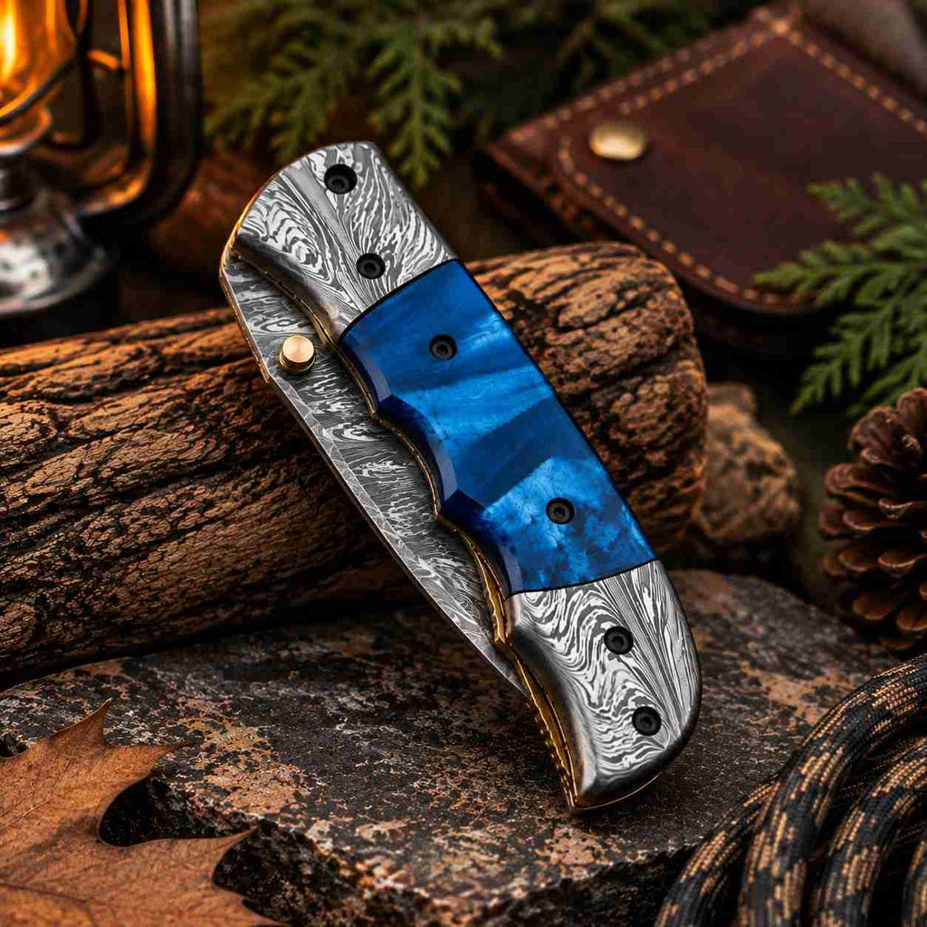 Feather Pattern Damascus Folding Knife With Blue Pearl Resin Handle & Sheath