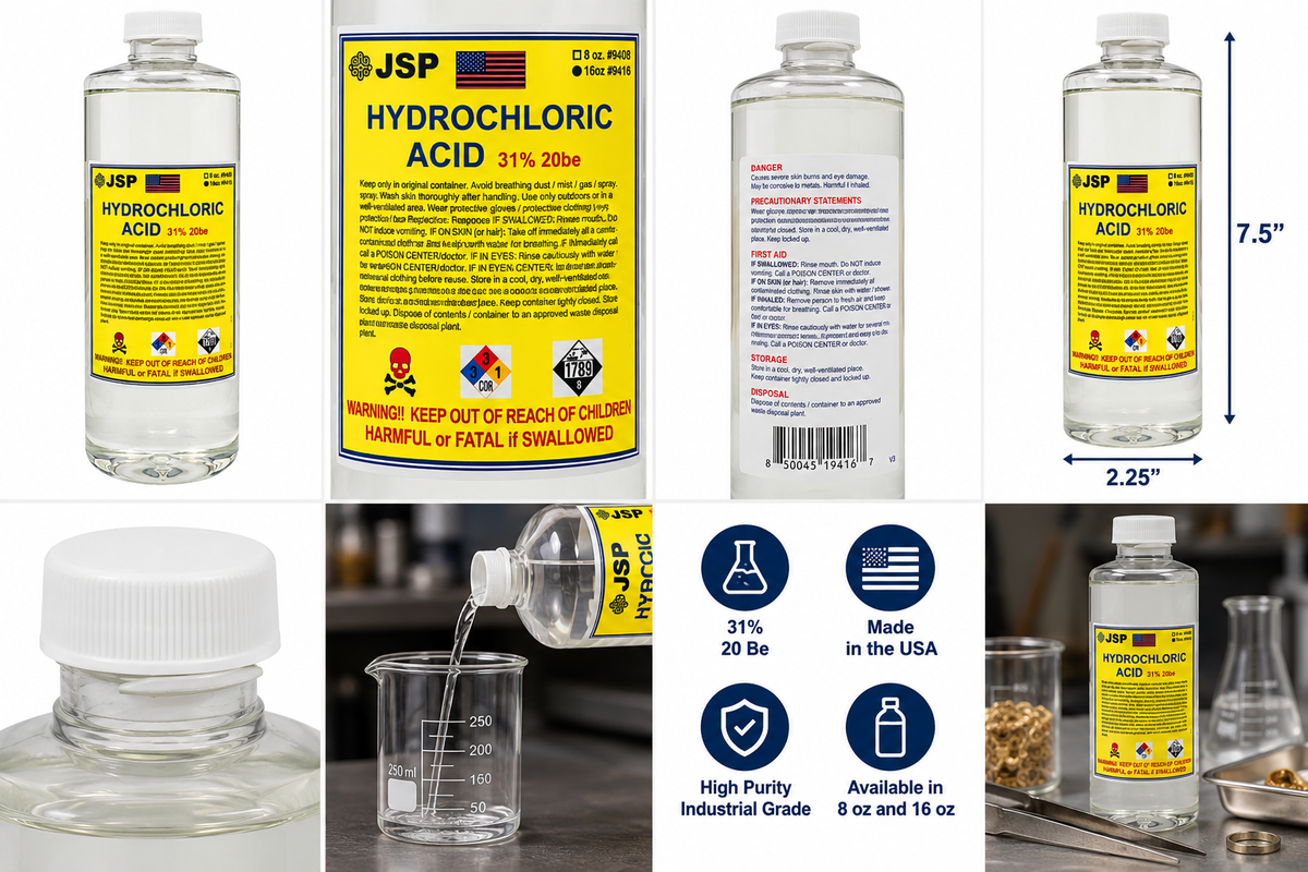 JSP Hydrochloric Acid 31% – 16 oz HCl for Gold Refining & Aqua Regia