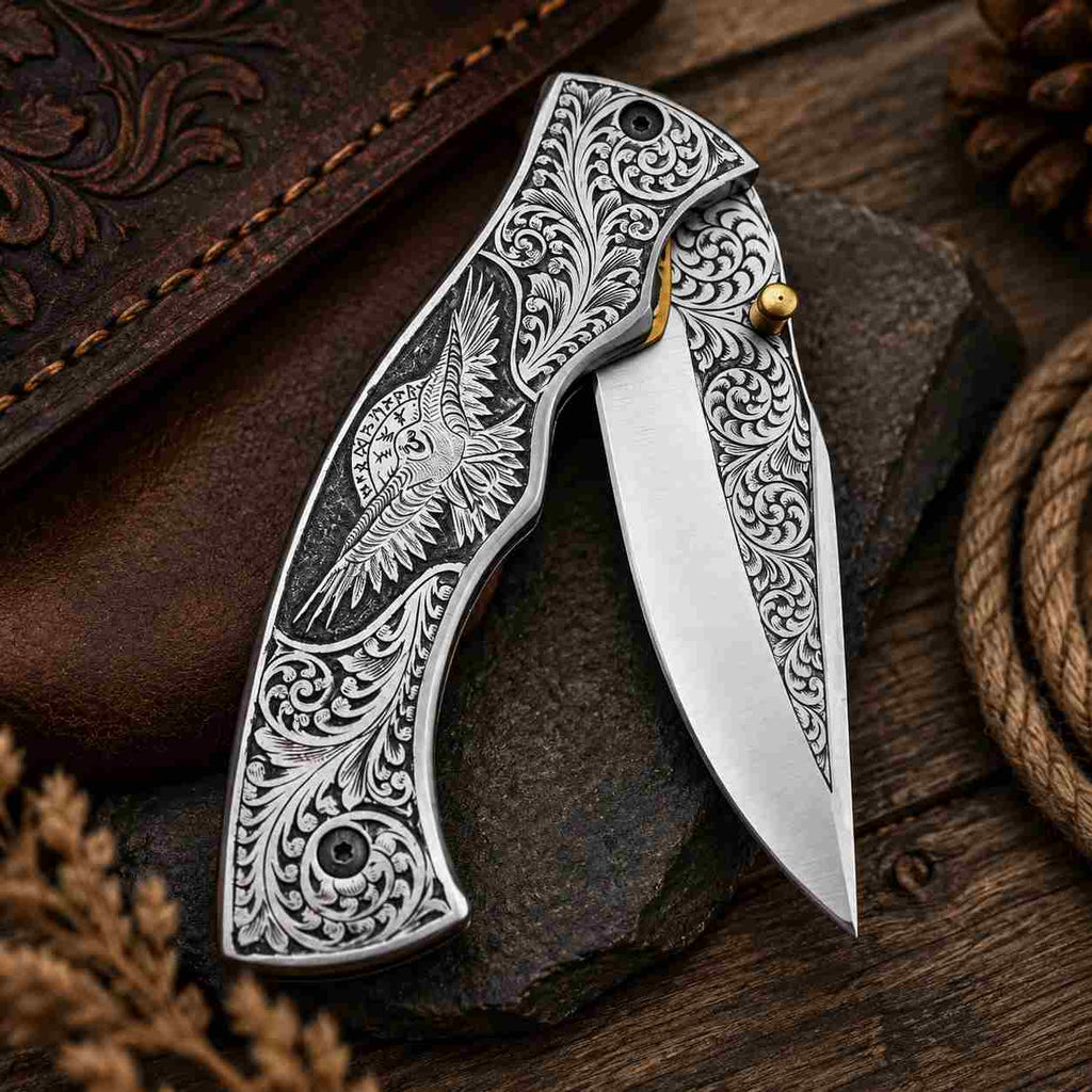 Personalized Viking Raven Folding Knife – Engraved D2 Steel Pocket Knife With Gift Box