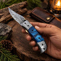 Feather Pattern Damascus Folding Knife With Blue Pearl Resin Handle & Sheath