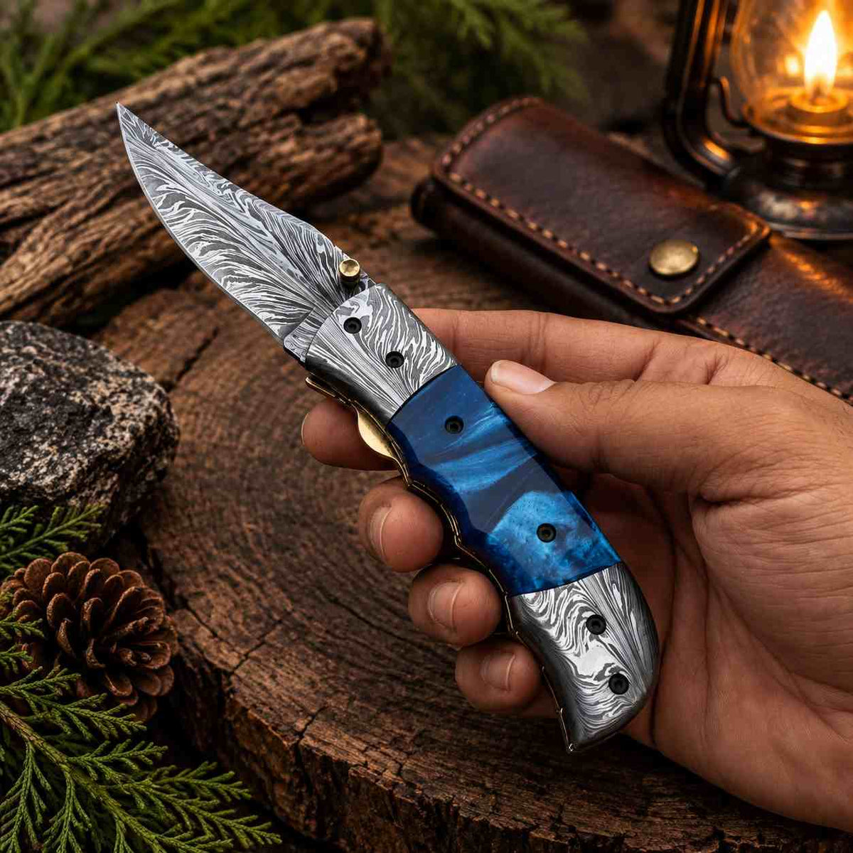 Feather Pattern Damascus Folding Knife With Blue Pearl Resin Handle & Sheath