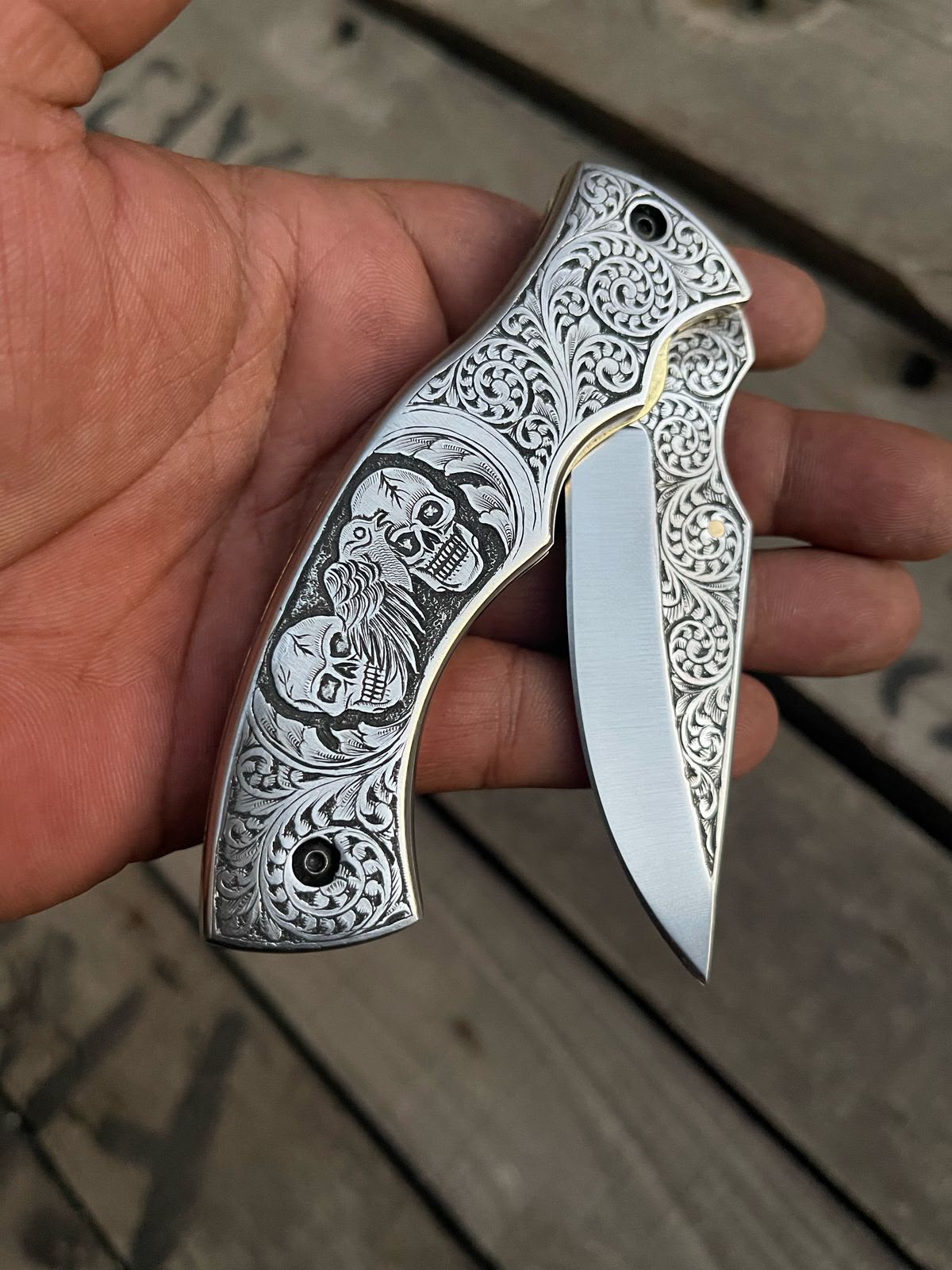 Hand Engraved D2 Steel Folding Knife With Leather Sheath | Liner Lock Pocket Knife