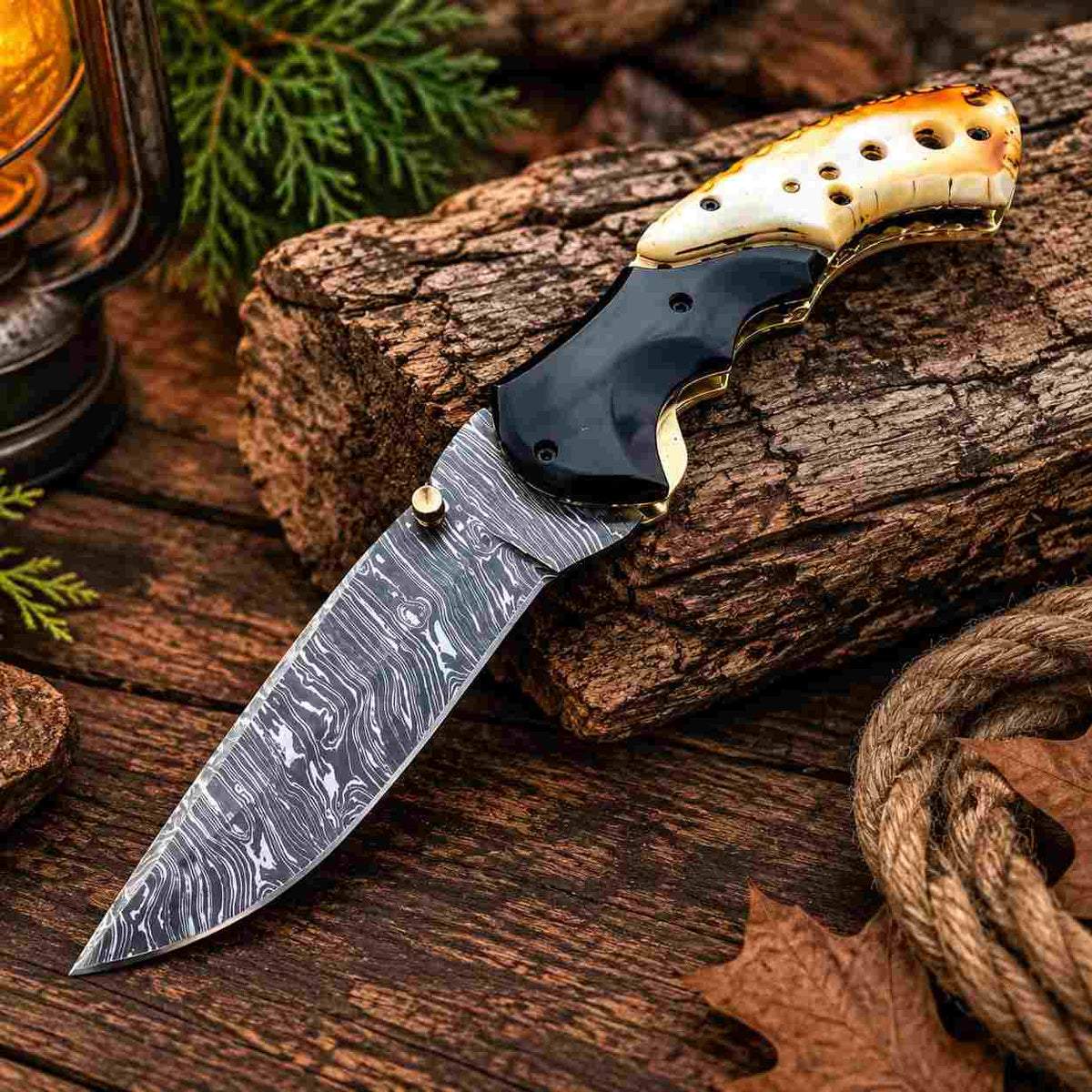 Hand Forged Damascus Folding Knife With Bull Horn Handle & Leather Sheath