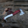 Kolovrat Sunwheel Viking Axe – Hand-Forged Bearded Hatchet, Leather-Wrapped Handle
