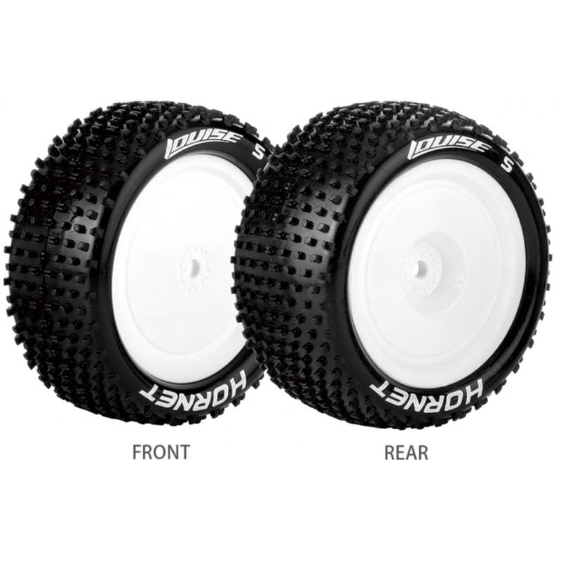 Louise R/C - E-Hornet 1/10 4WD Front Buggy Tire, Soft, Mounted on White Rim, for Kyosho 12mm Hex