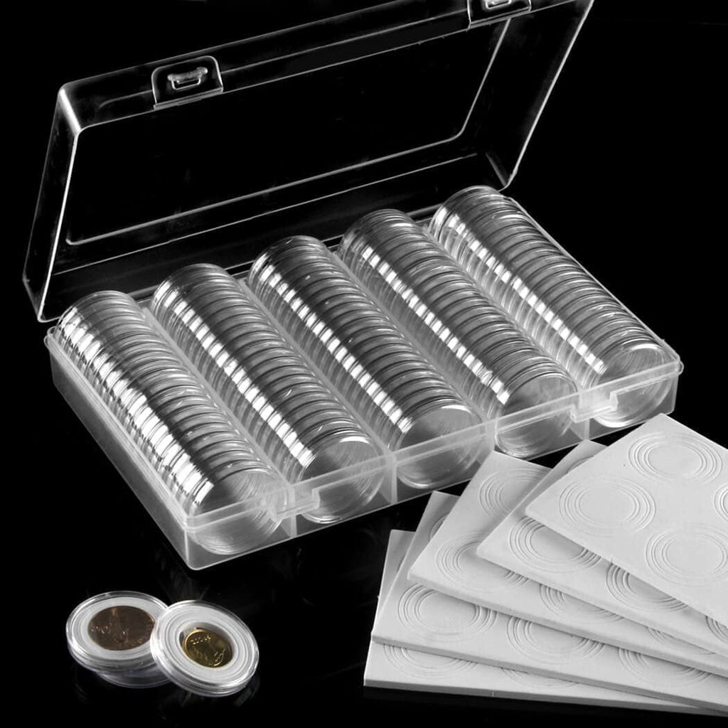 100 Pieces Case Holder for Collectors 30mm Silver Gold Bar Plastic Rounds Coins Capsules Covers with Storage Organizer Box for Copper Pesos Quarters Pennies Dimes Collection Supplies