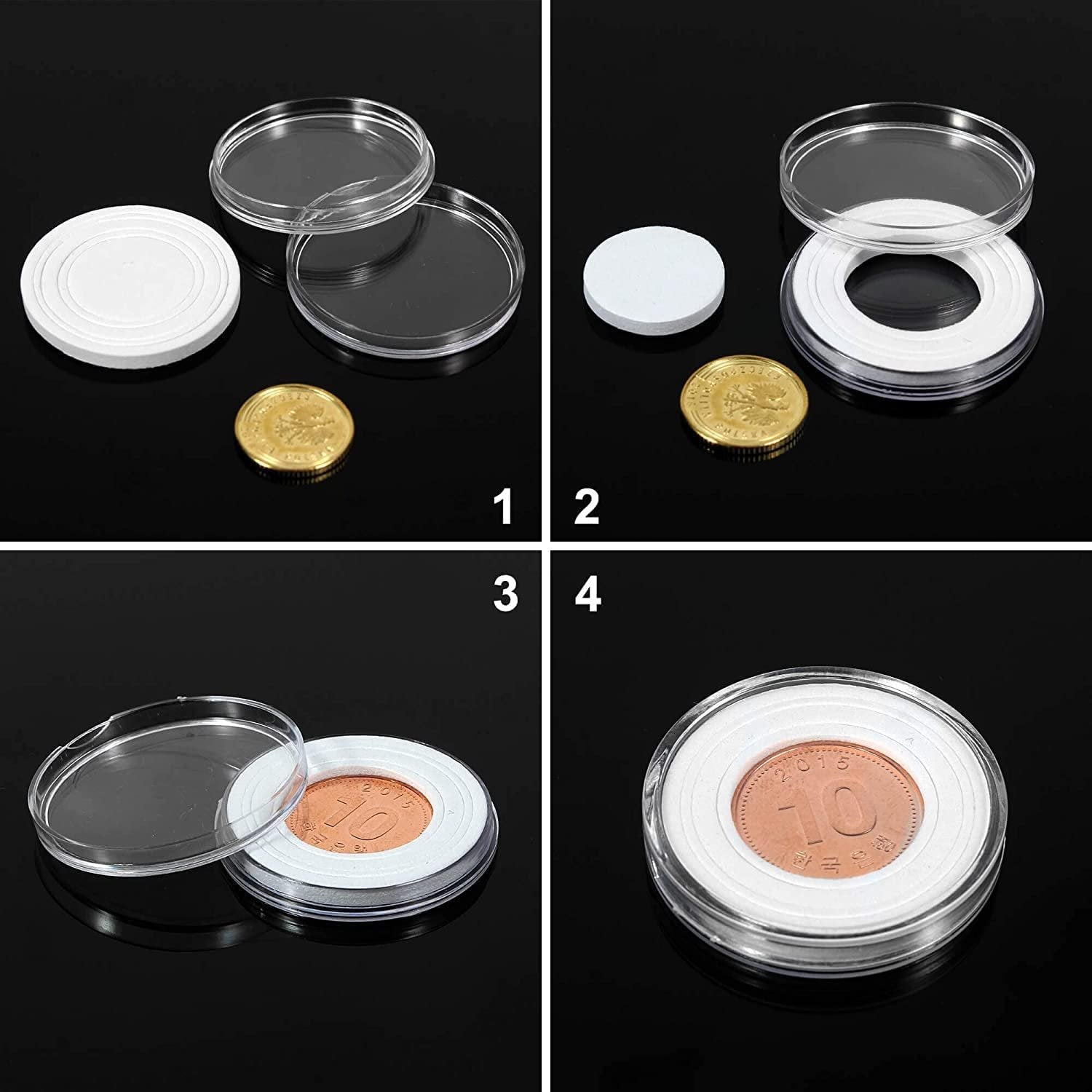 100 Pieces Case Holder for Collectors 30mm Silver Gold Bar Plastic Rounds Coins Capsules Covers with Storage Organizer Box for Copper Pesos Quarters Pennies Dimes Collection Supplies