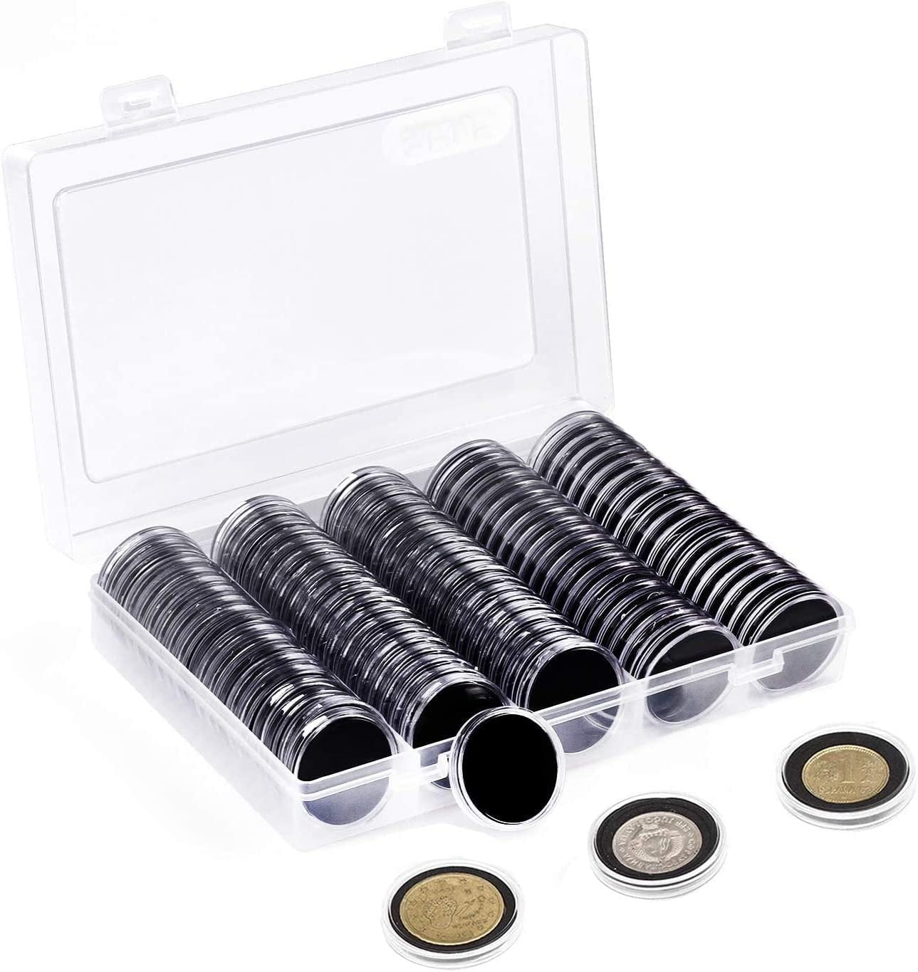 100 Pieces Case Holder for Collectors 30mm Silver Gold Bar Plastic Rounds Coins Capsules Covers with Storage Organizer Box for Copper Pesos Quarters Pennies Dimes Collection Supplies