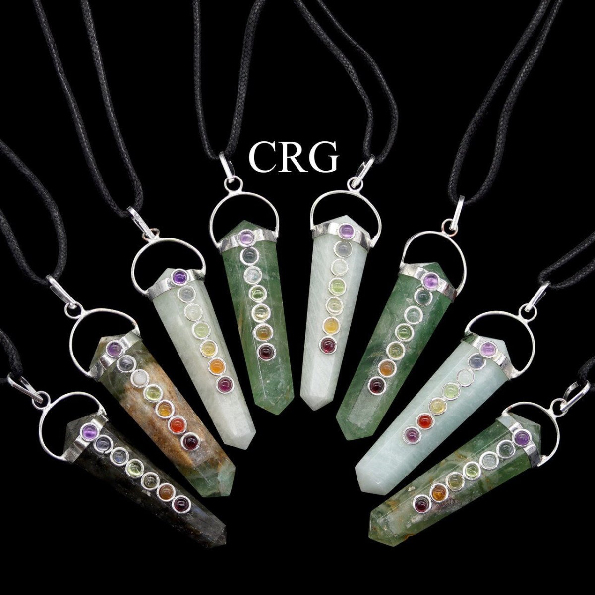 Obelisk Double Point Silver Plated Pendants with 7 Stone Detail and Black Cord (4 Pieces) Size 2 Inches