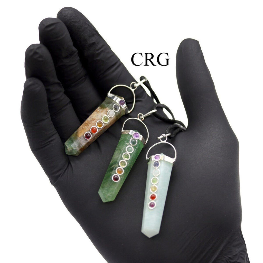 Obelisk Double Point Silver Plated Pendants with 7 Stone Detail and Black Cord (4 Pieces) Size 2 Inches