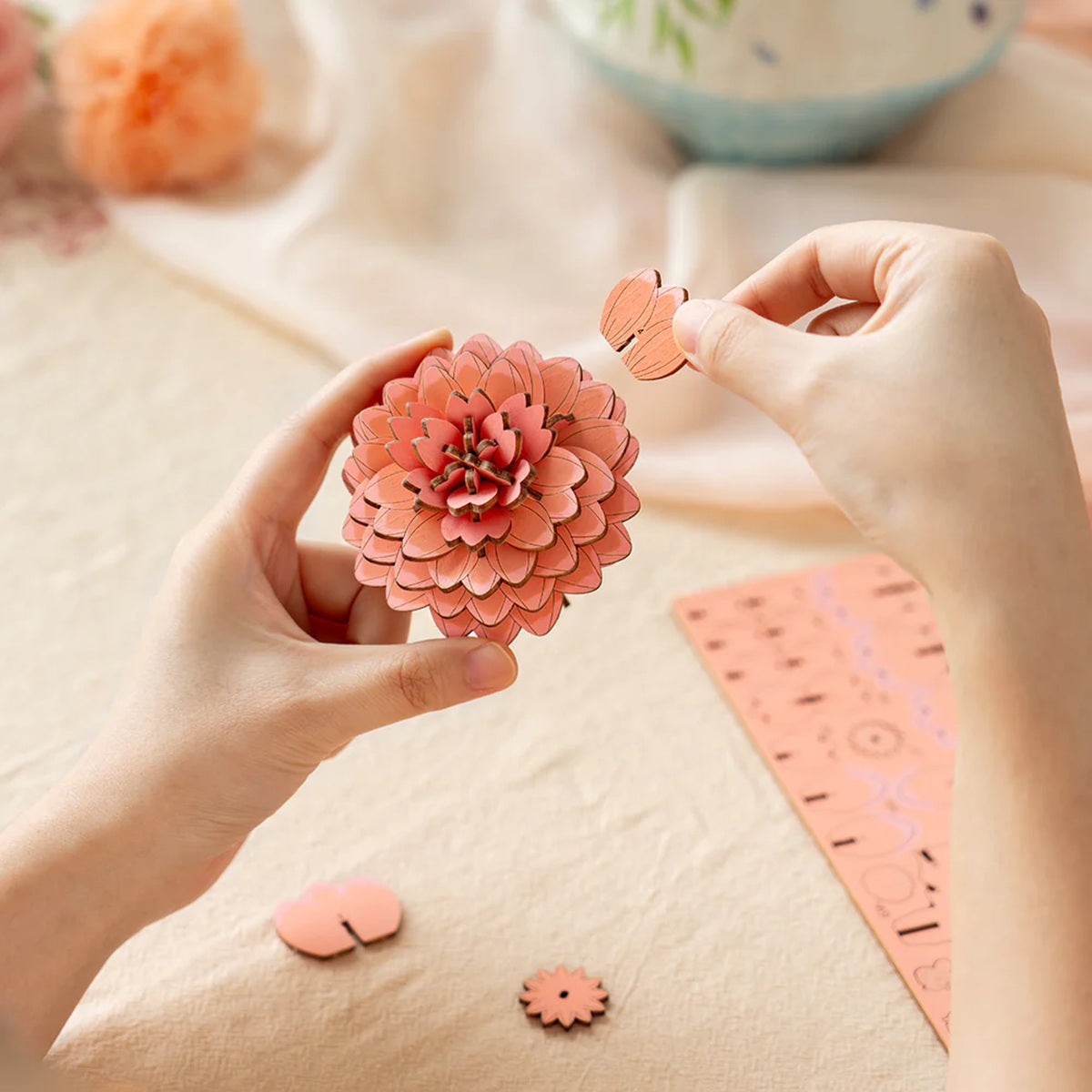 Pink Dahlia DIY Wooden Flower 3D Puzzle