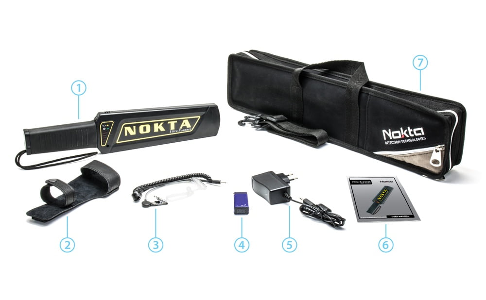 Paquete Nokta Ultra Scanner Pro con bolsa de transporte, auriculares, cargador, funda para cinturón y batería recargable de 9 voltios