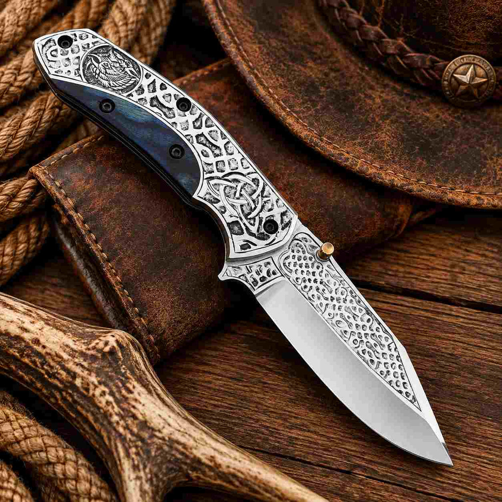 Acid Etched Viking Folding Knife With D2 Steel Blade and Leather Sheath