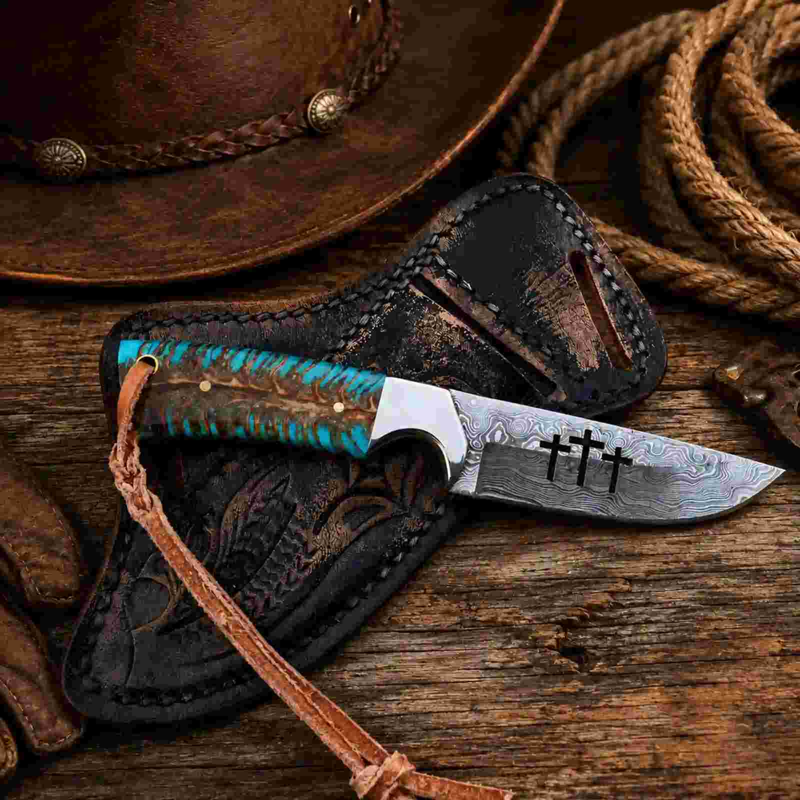 Praying Cowboy Knife – Damascus Steel Blade with Pine Cone Handle & Leather Sheath